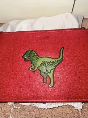 Coach Red Leather Messenger Pouch with Green Dinosaur Applique